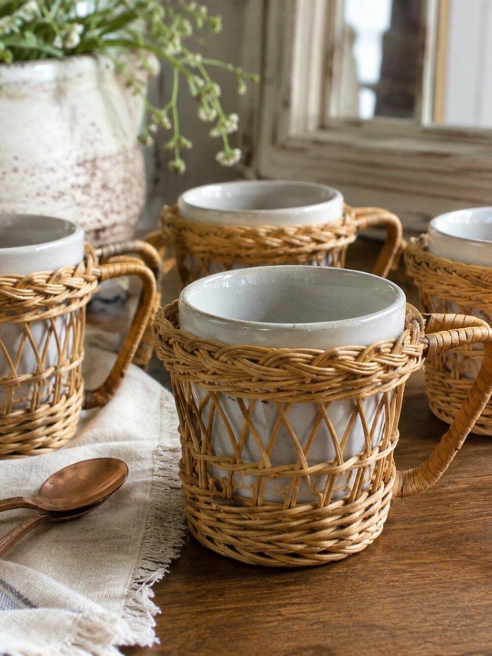 Set of 4 Woven Rattan/Wicker Drink Holders – Rustic Farmhouse Picnic Décor
